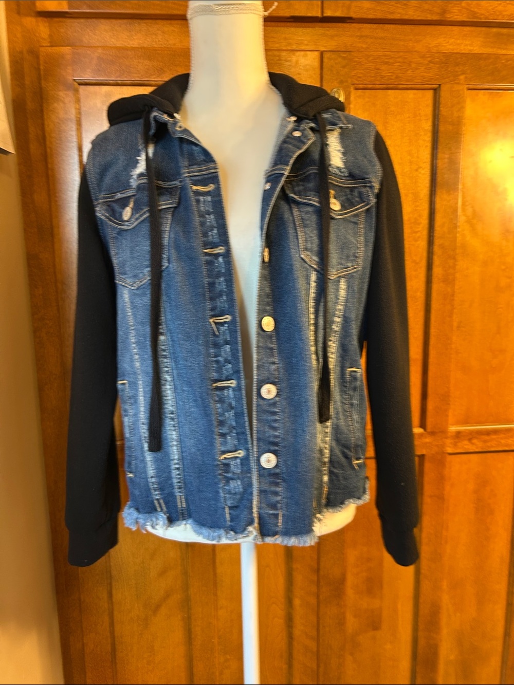 Kancan Distressed Denim Jacket with built in Sweatshirt Hood & Sleeves. Sz L